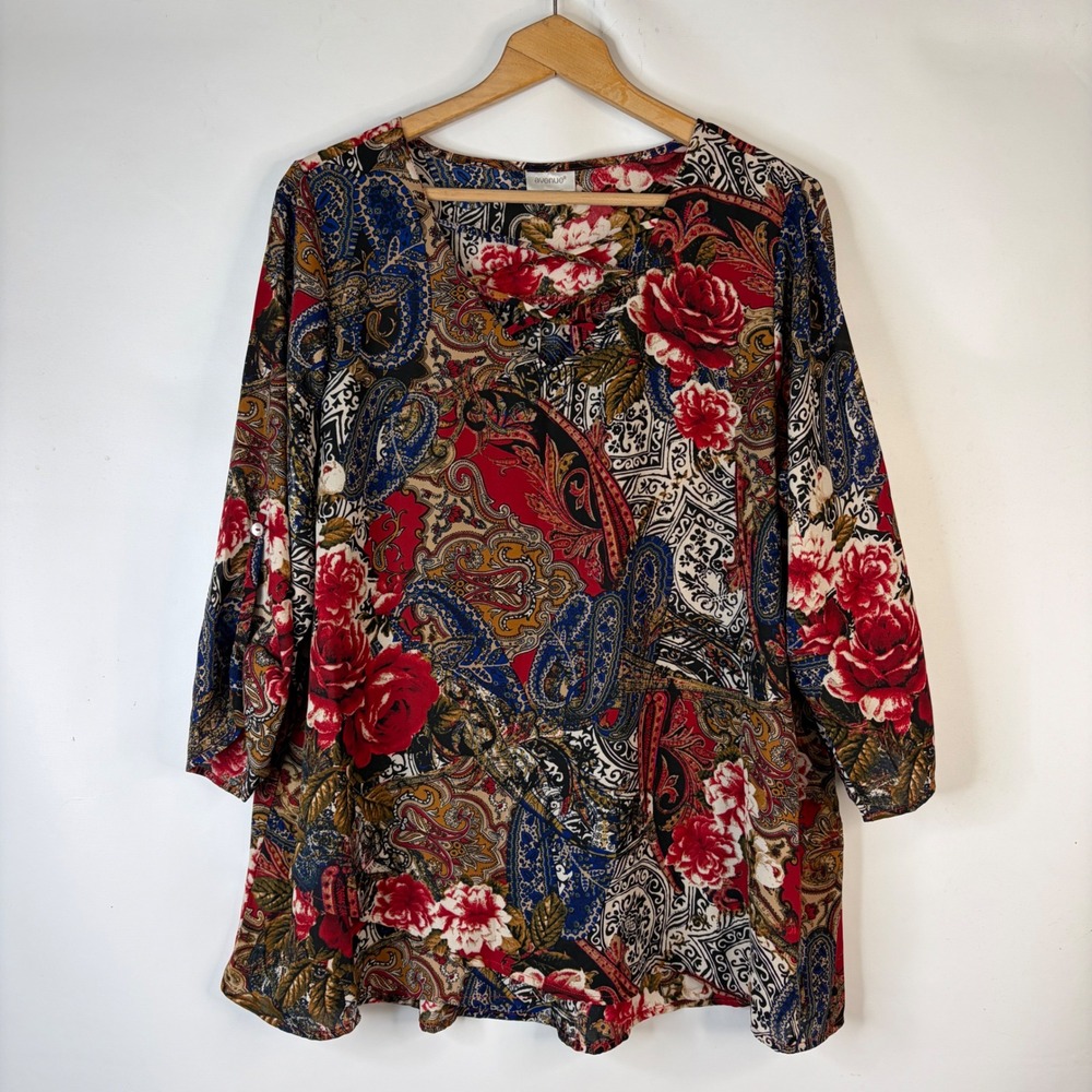 Avenue Blouse Women 18/20 Multicolor Floral Paisley 3/4 Sleeve Tunic Top